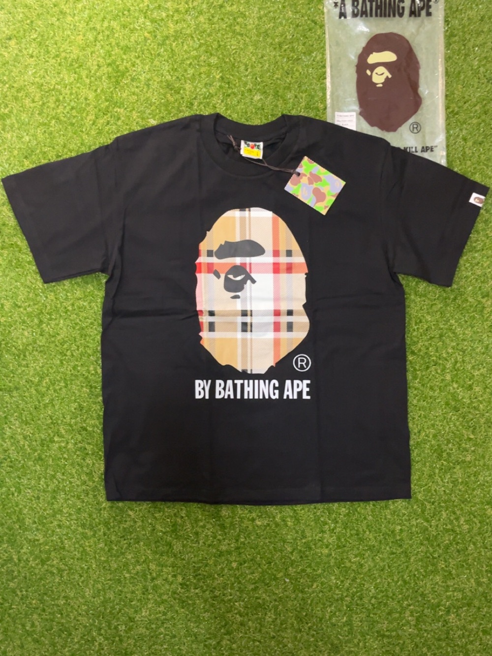 A Bathing Ape Black Plaid Ape Head Short Sleeve Tee